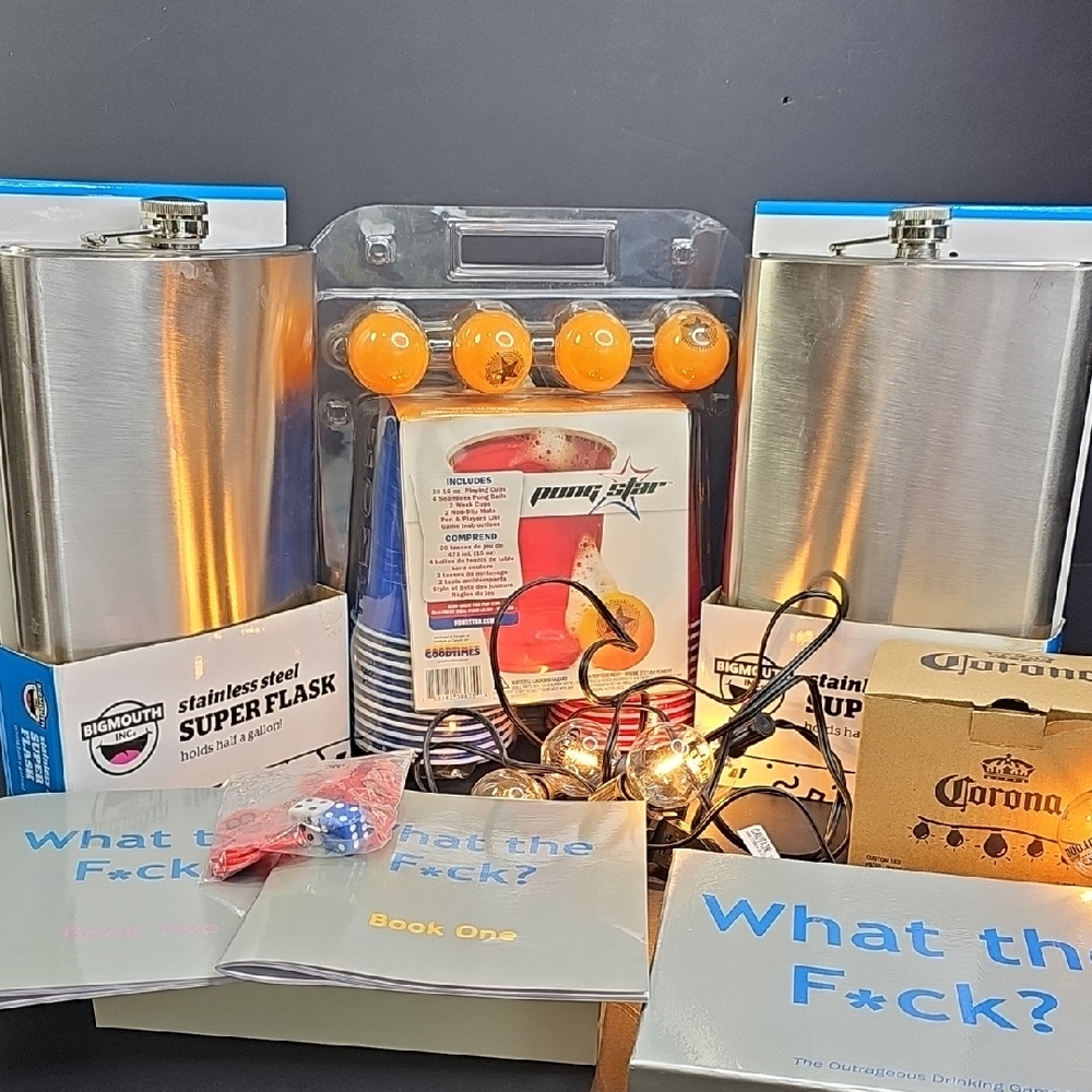 Drinking Party Pack 2 Giant Flasks, Beer Pong, Corona String Lights, Game